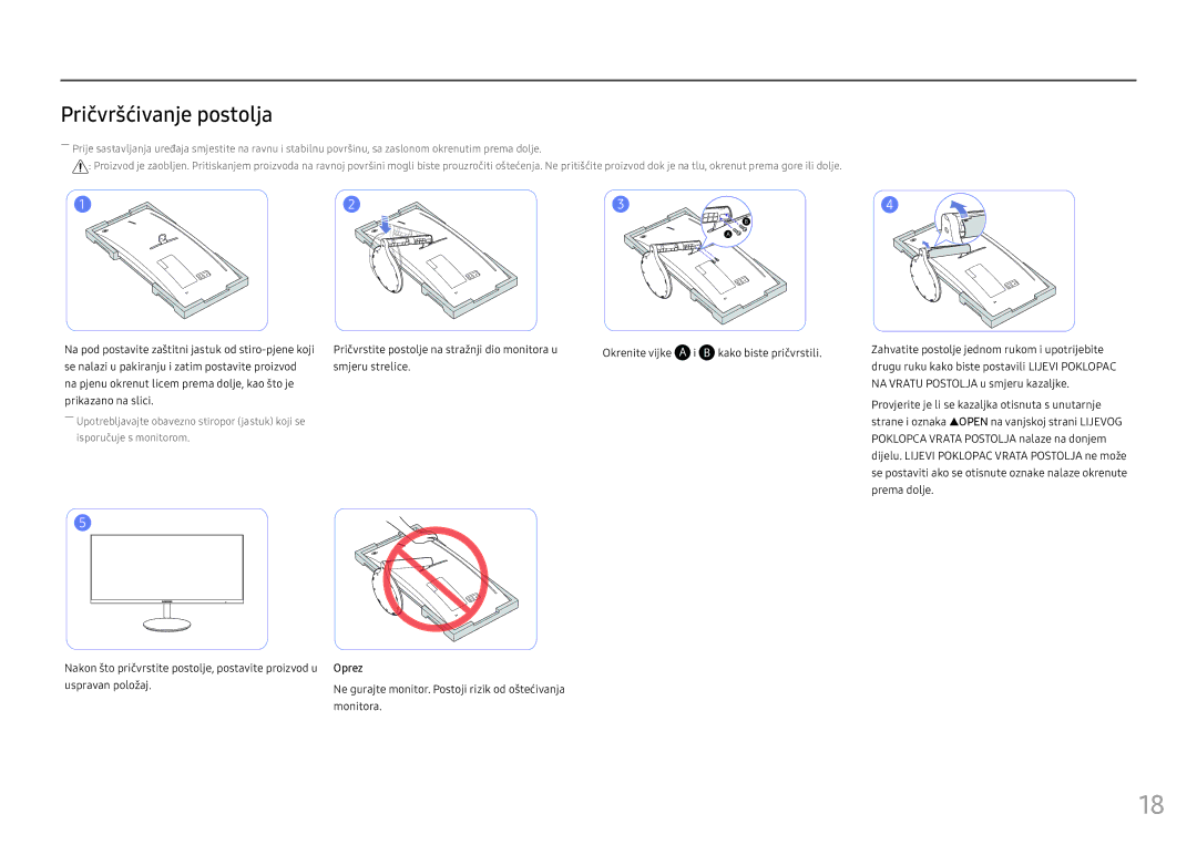 Samsung LC34F791WQUXEN manual Pričvršćivanje postolja, Nakon što pričvrstite postolje, postavite proizvod u Oprez, Monitora 