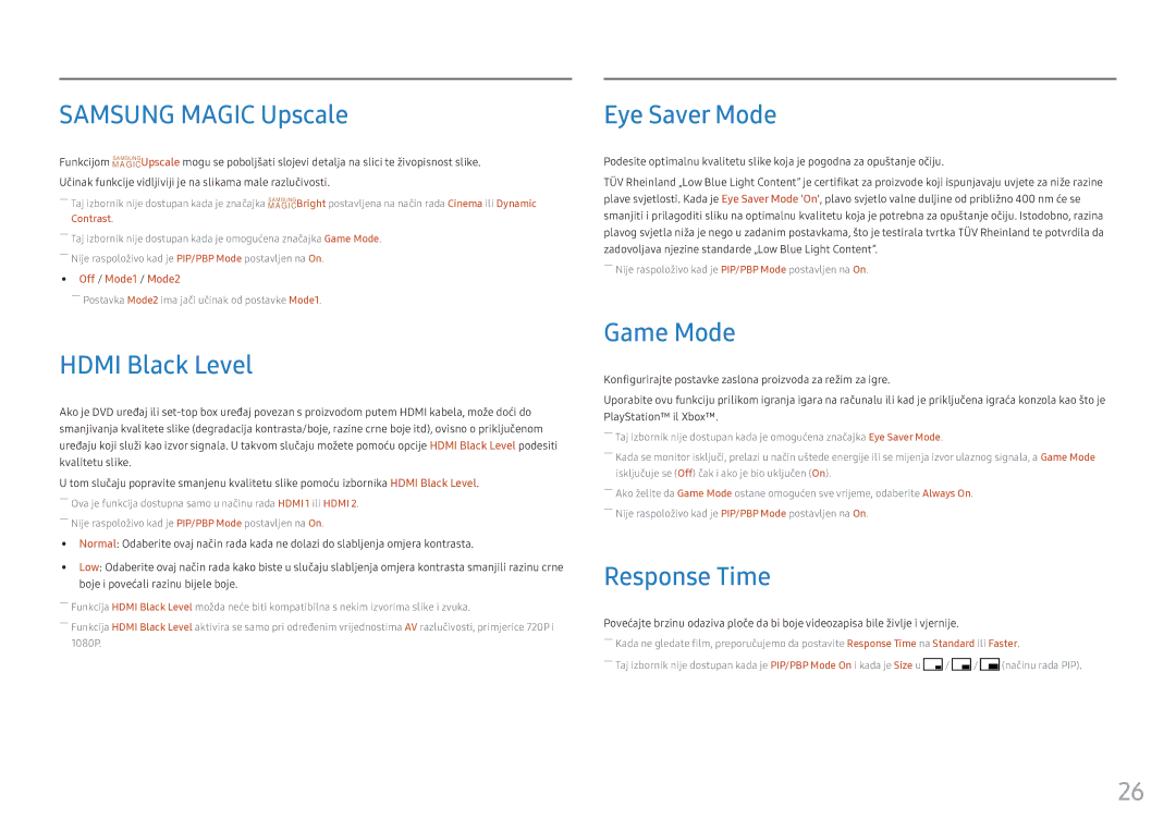 Samsung LC34F791WQUXEN manual Samsung Magic Upscale, Hdmi Black Level, Eye Saver Mode, Game Mode, Response Time 