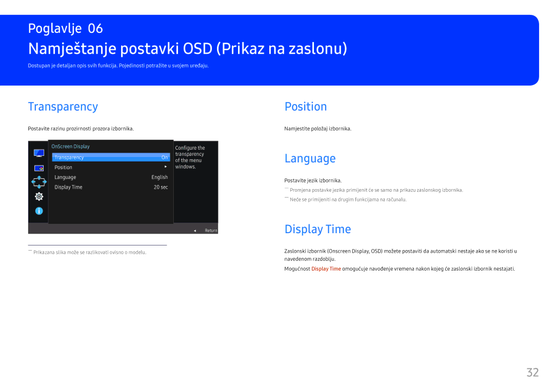 Samsung LC34F791WQUXEN manual Namještanje postavki OSD Prikaz na zaslonu, Transparency, Language, Display Time 