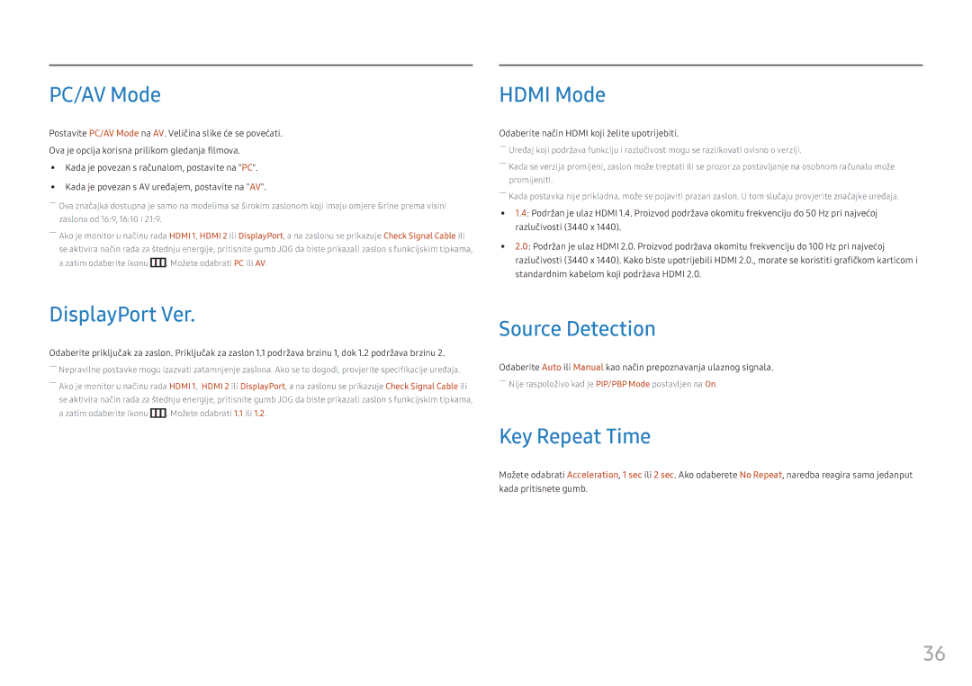 Samsung LC34F791WQUXEN manual PC/AV Mode, Hdmi Mode, DisplayPort Ver, Source Detection, Key Repeat Time 