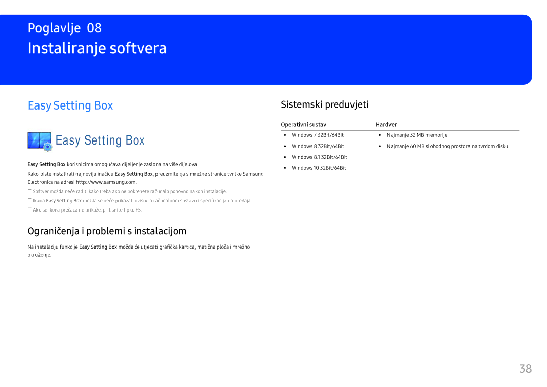 Samsung LC34F791WQUXEN manual Instaliranje softvera, Easy Setting Box, Ograničenja i problemi s instalacijom 