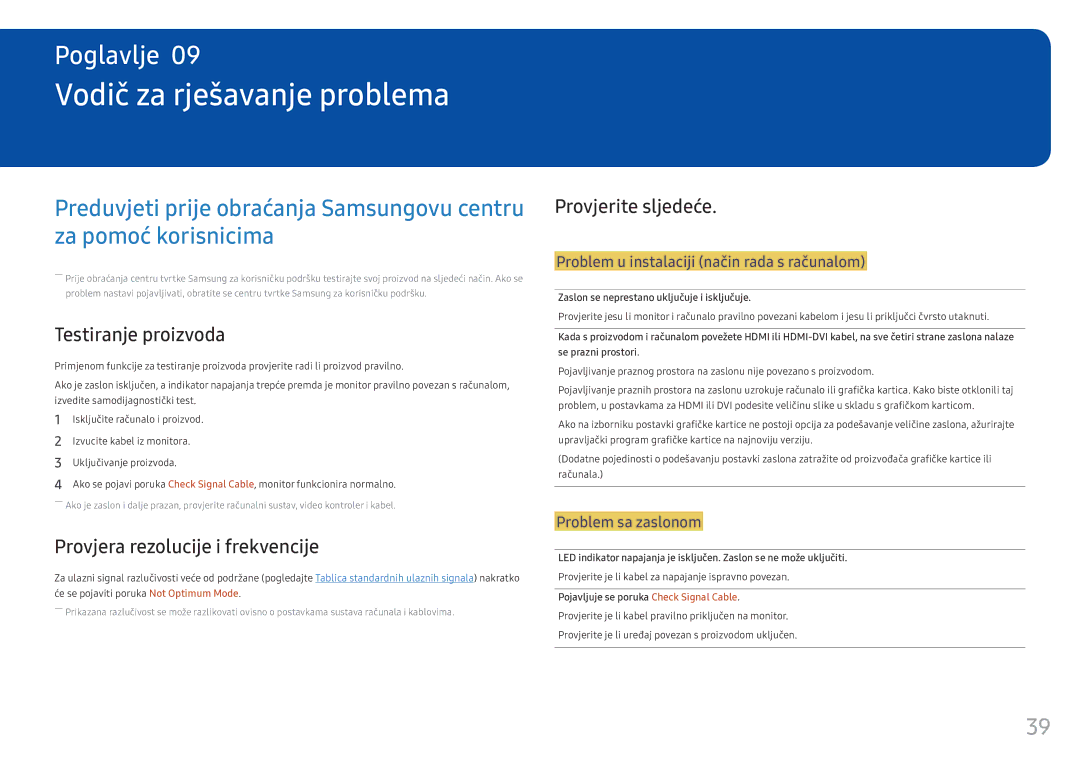 Samsung LC34F791WQUXEN manual Vodič za rješavanje problema, Testiranje proizvoda, Provjera rezolucije i frekvencije 