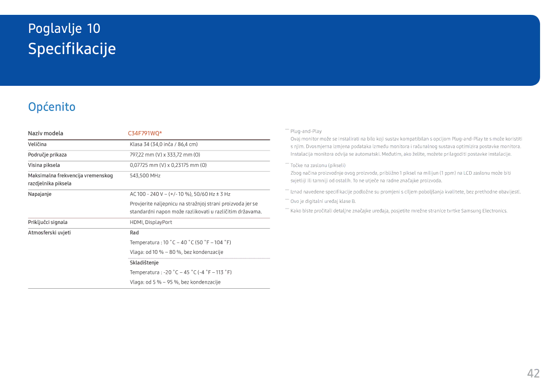 Samsung LC34F791WQUXEN manual Specifikacije, Općenito 