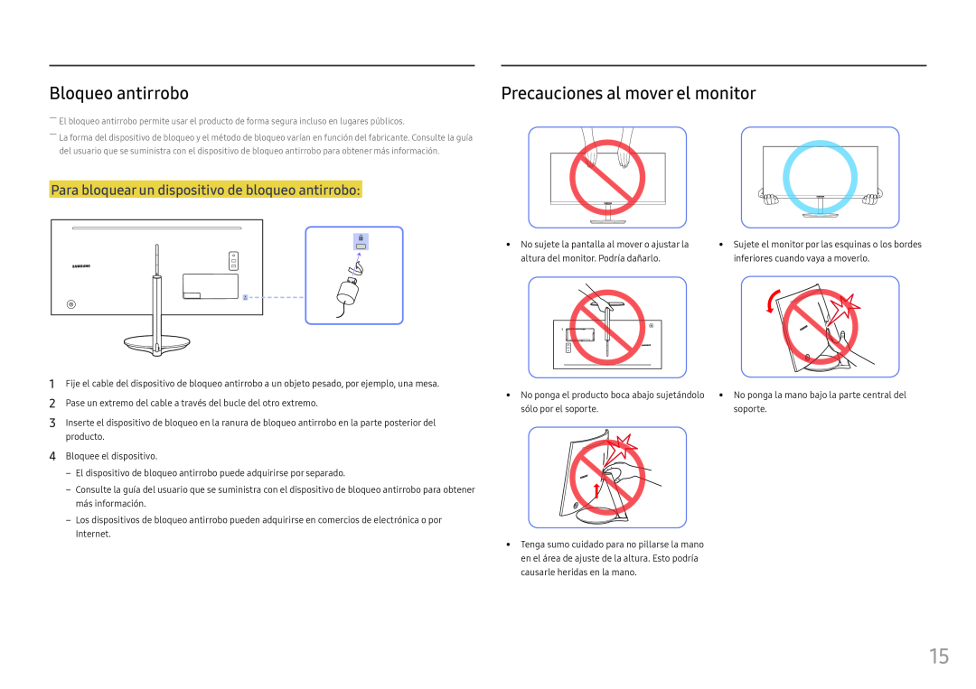 Samsung LC34F791WQUXEN manual Bloqueo antirrobo, Precauciones al mover el monitor 