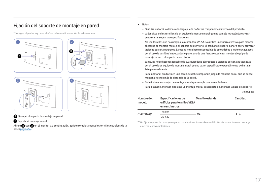 Samsung LC34F791WQUXEN manual Fijación del soporte de montaje en pared, Nombre del, Especificaciones de, Tornillo estándar 