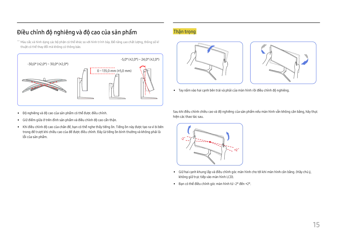 Samsung LC34H890WJEXXV manual Điều chỉnh độ nghiêng và độ cao của sản phẩm, Thận trọng 