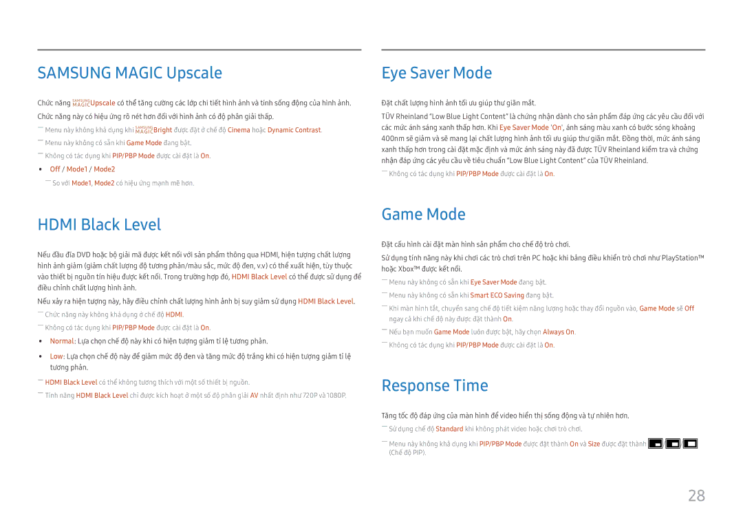 Samsung LC34H890WJEXXV manual Samsung Magic Upscale, Eye Saver Mode, Hdmi Black Level, Game Mode, Response Time 