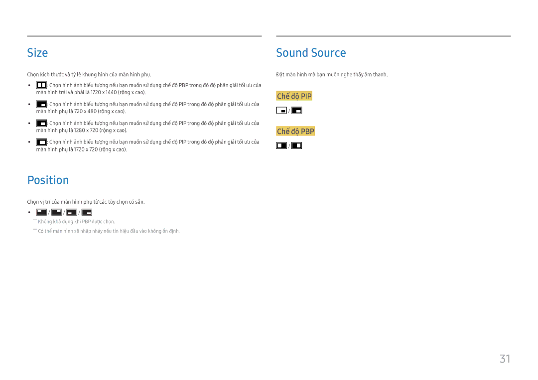 Samsung LC34H890WJEXXV manual Size, Position, Sound Source, Chế́ độ PIP Chế́ độ PBP 