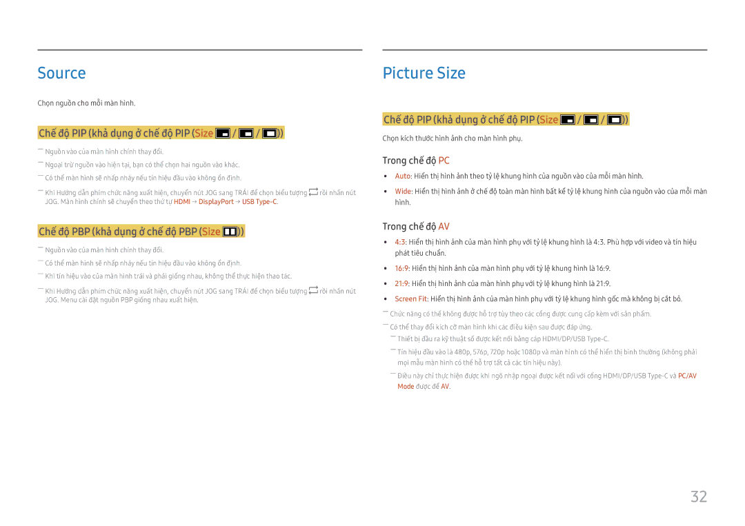 Samsung LC34H890WJEXXV manual Source, Chế́ độ PIP khả dụng ở chế́ độ PIP Size, Chế́ độ PBP khả dụng ở chế́ độ PBP Size 