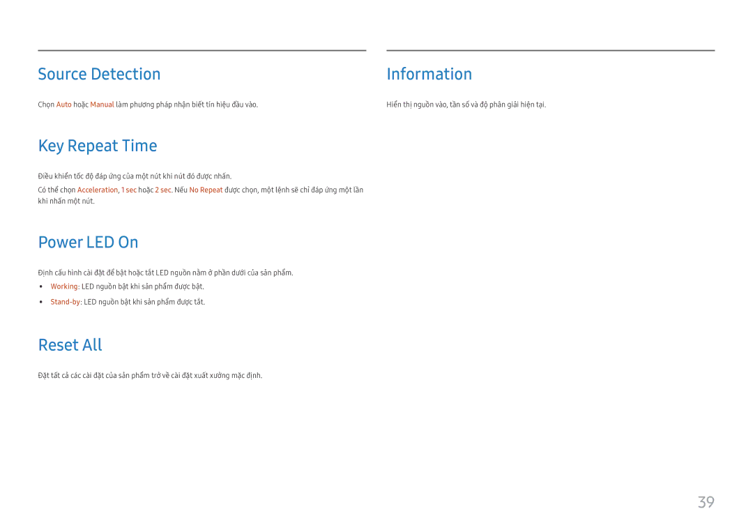 Samsung LC34H890WJEXXV manual Source Detection Information, Key Repeat Time, Power LED On, Reset All 