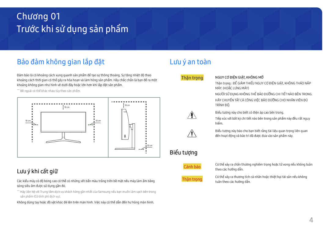 Samsung LC34H890WJEXXV manual Trươc khi sư dung san phẩm, Bảo đảm không gian lắp đặt Lưu ý an toàn, Lưu ý khi cất giữ 