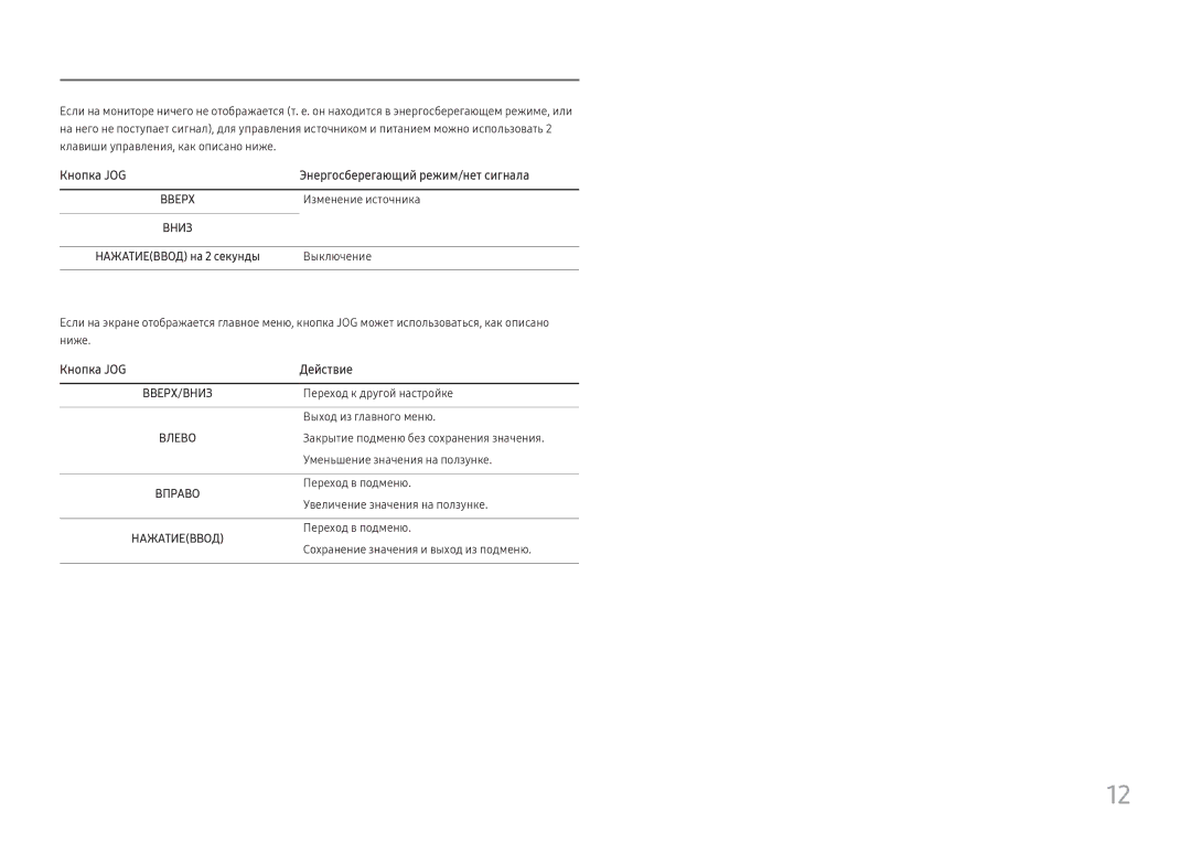 Samsung LC34H890WJUXEN, LC34H890WJIXCI manual Кнопка JOG Энергосберегающий режим/нет сигнала, Кнопка JOG Действие 