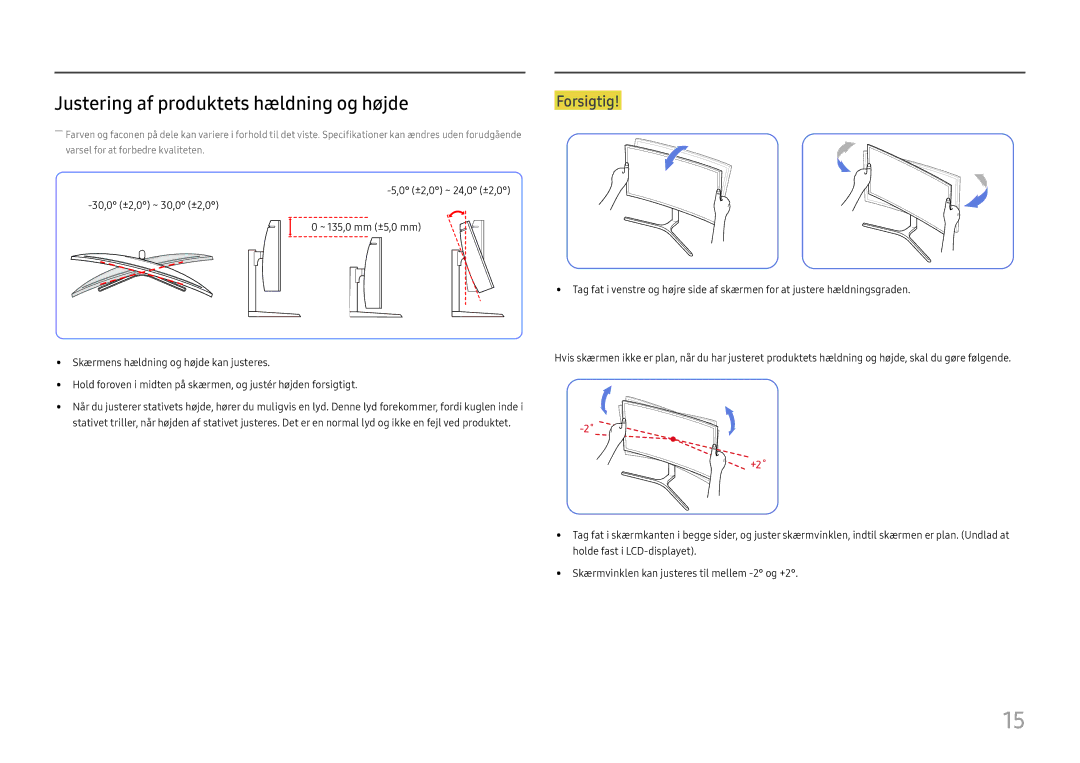 Samsung LC34H890WJUXXE, LC34H890WJUXEN manual Justering af produktets hældning og højde, +2˚ 