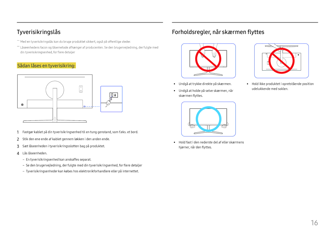 Samsung LC34H890WJUXEN, LC34H890WJUXXE manual Tyverisikringslås, Forholdsregler, når skærmen flyttes 