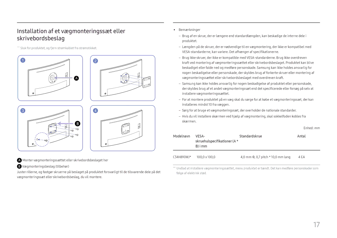 Samsung LC34H890WJUXXE manual Installation af et vægmonteringssæt eller skrivebordsbeslag, Modelnavn, Standardskrue, Antal 