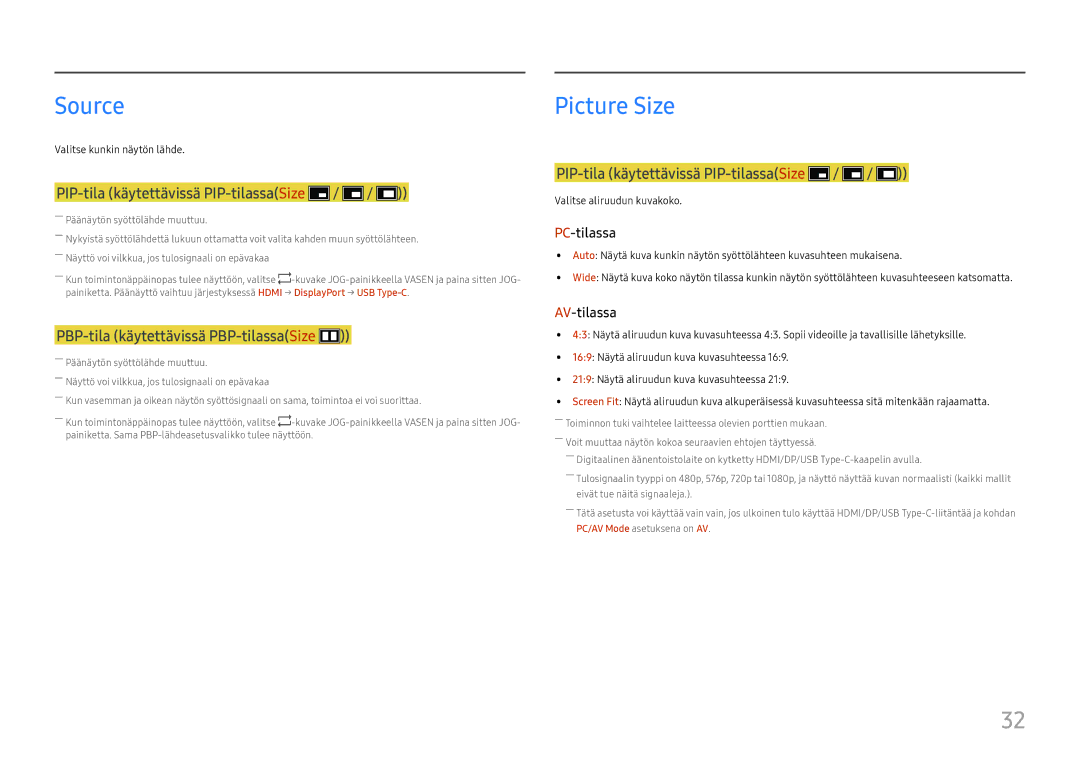 Samsung LC34H890WJUXEN, LC34H890WJUXXE manual Source, PIP-tila käytettävissä PIP-tilassaSize 