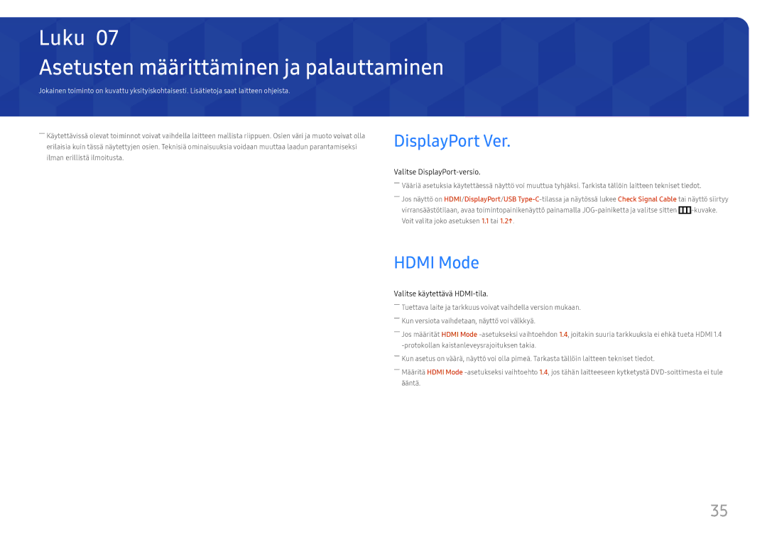 Samsung LC34H890WJUXXE, LC34H890WJUXEN manual Asetusten määrittäminen ja palauttaminen, DisplayPort Ver, Hdmi Mode 