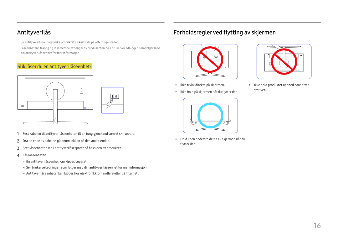 Samsung LC34H890WJUXEN, LC34H890WJUXXE manual Antityverilås, Forholdsregler ved flytting av skjermen 