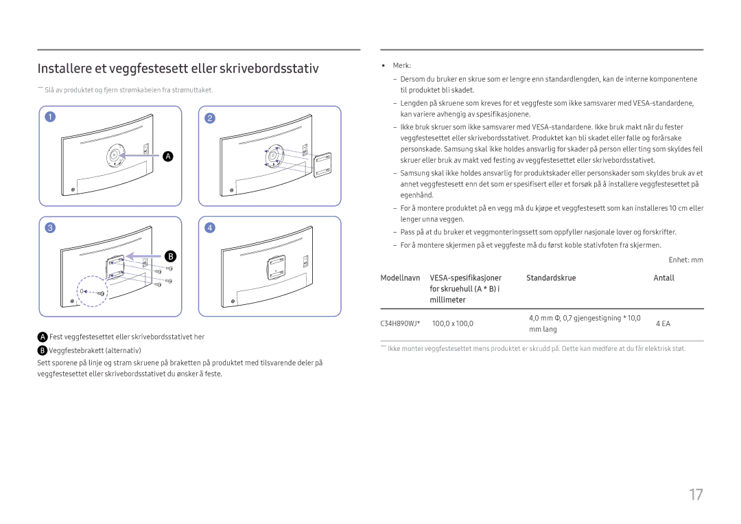 Samsung LC34H890WJUXXE, LC34H890WJUXEN manual Installere et veggfestesett eller skrivebordsstativ 