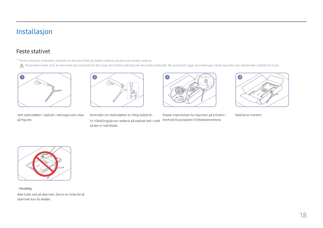 Samsung LC34H890WJUXEN, LC34H890WJUXXE manual Installasjon, Feste stativet 