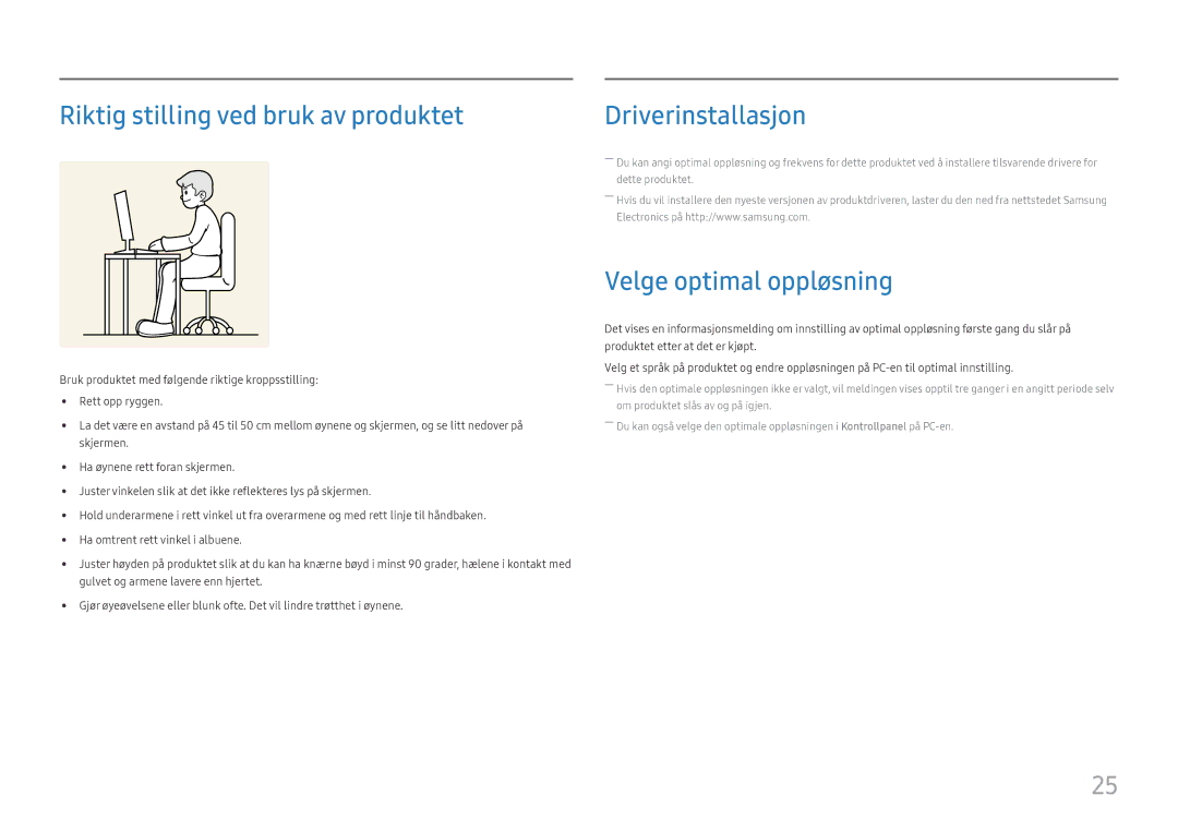 Samsung LC34H890WJUXXE, LC34H890WJUXEN manual Riktig stilling ved bruk av produktet, Velge optimal oppløsning 