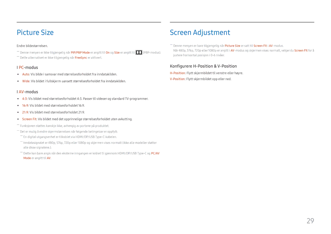 Samsung LC34H890WJUXXE, LC34H890WJUXEN manual Picture Size, Screen Adjustment 