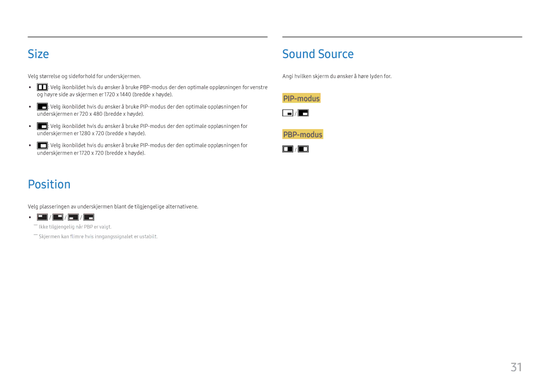 Samsung LC34H890WJUXXE, LC34H890WJUXEN manual Size, Position, Sound Source 