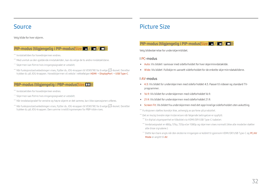 Samsung LC34H890WJUXEN, LC34H890WJUXXE manual Source, PIP-modus tilgjengelig i PIP-modusSize 