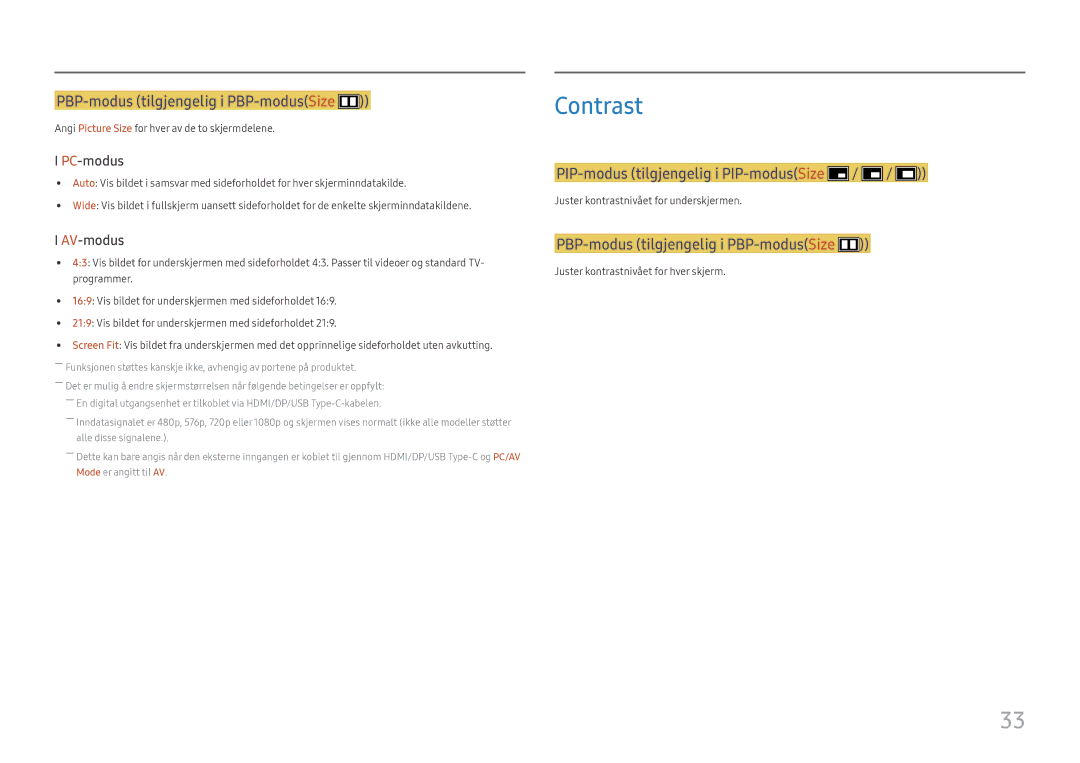 Samsung LC34H890WJUXXE, LC34H890WJUXEN manual Angi Picture Size for hver av de to skjermdelene 