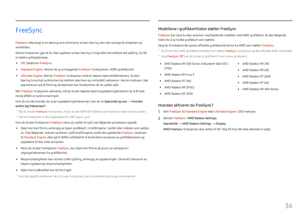 Samsung LC34H890WJUXEN, LC34H890WJUXXE manual Modellene i grafikkortlisten støtter FreeSync 