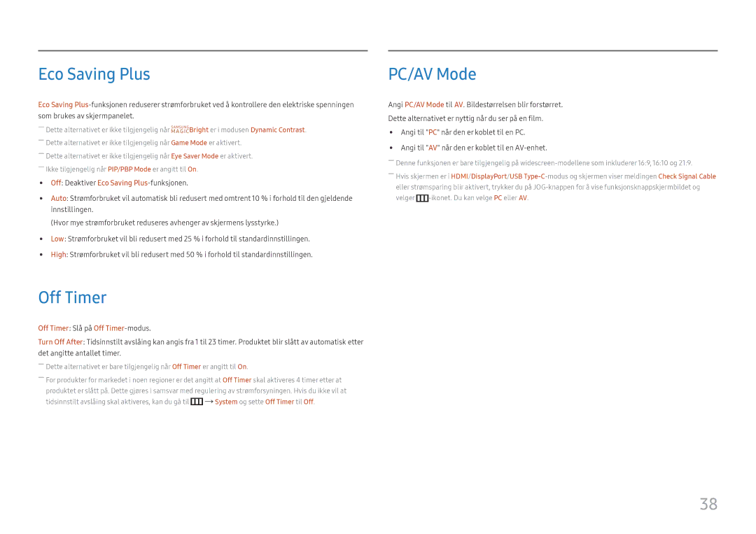 Samsung LC34H890WJUXEN, LC34H890WJUXXE manual Eco Saving Plus, Off Timer, PC/AV Mode 