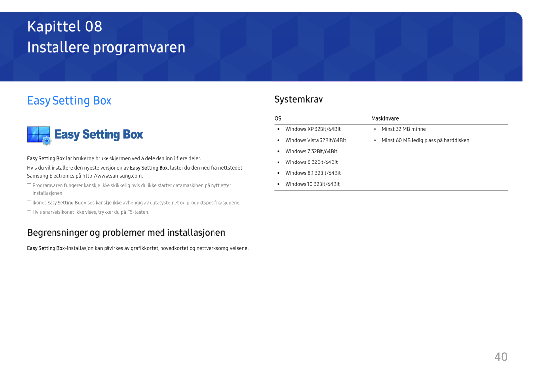 Samsung LC34H890WJUXEN manual Installere programvaren, Easy Setting Box, Begrensninger og problemer med installasjonen 