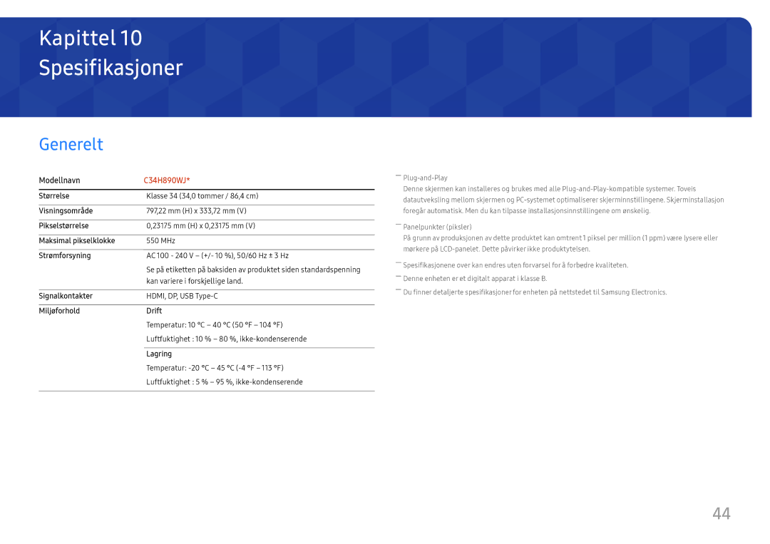 Samsung LC34H890WJUXEN, LC34H890WJUXXE manual Spesifikasjoner, Generelt 