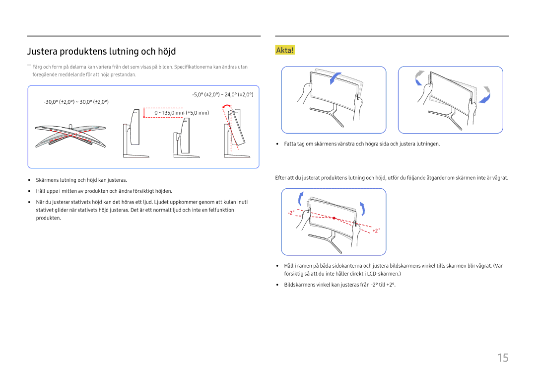 Samsung LC34H890WJUXXE, LC34H890WJUXEN manual Justera produktens lutning och höjd, +2˚ 