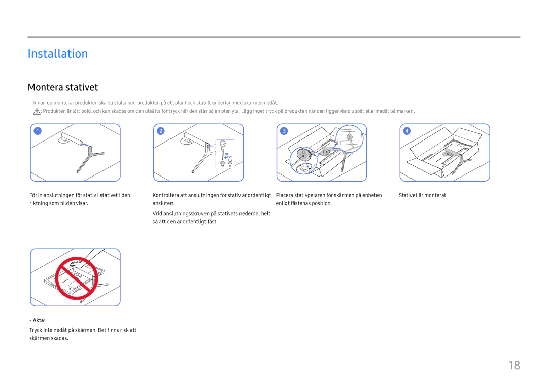 Samsung LC34H890WJUXEN, LC34H890WJUXXE manual Installation, Montera stativet 