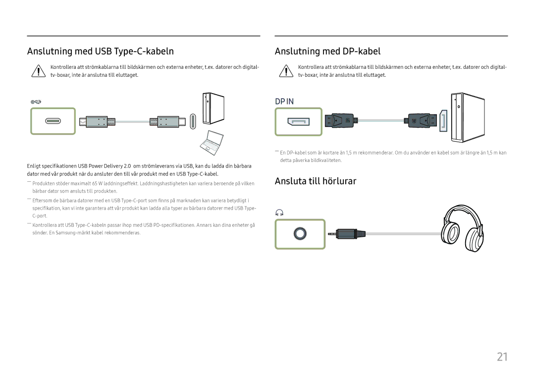 Samsung LC34H890WJUXXE, LC34H890WJUXEN Anslutning med USB Type-C-kabeln, Anslutning med DP-kabel, Ansluta till hörlurar 