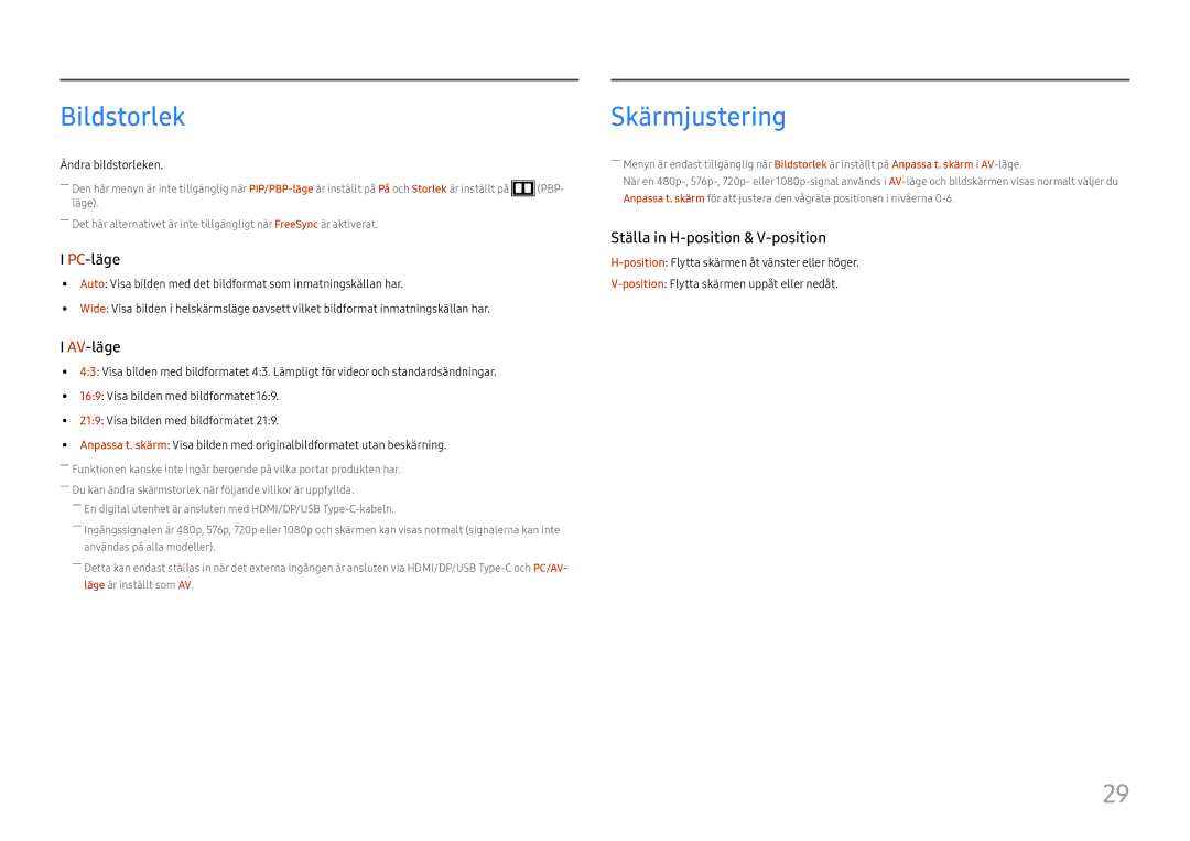 Samsung LC34H890WJUXXE, LC34H890WJUXEN manual Bildstorlek, Skärmjustering 