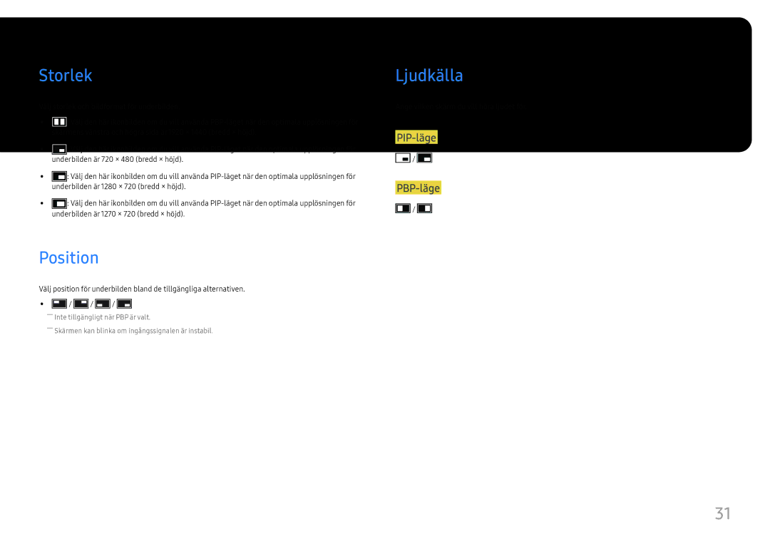 Samsung LC34H890WJUXXE, LC34H890WJUXEN manual Storlek, Position, Ljudkälla 