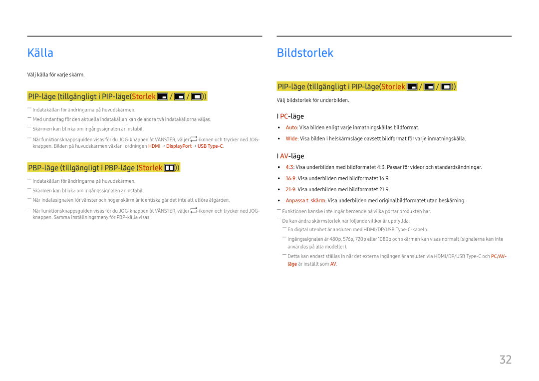 Samsung LC34H890WJUXEN, LC34H890WJUXXE manual Källa, PIP-läge tillgängligt i PIP-lägeStorlek 