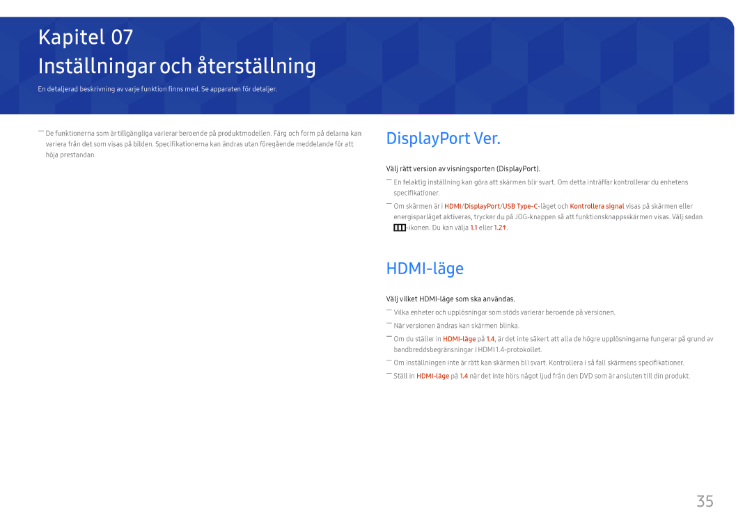 Samsung LC34H890WJUXXE, LC34H890WJUXEN manual Inställningar och återställning, DisplayPort Ver, HDMI-läge 