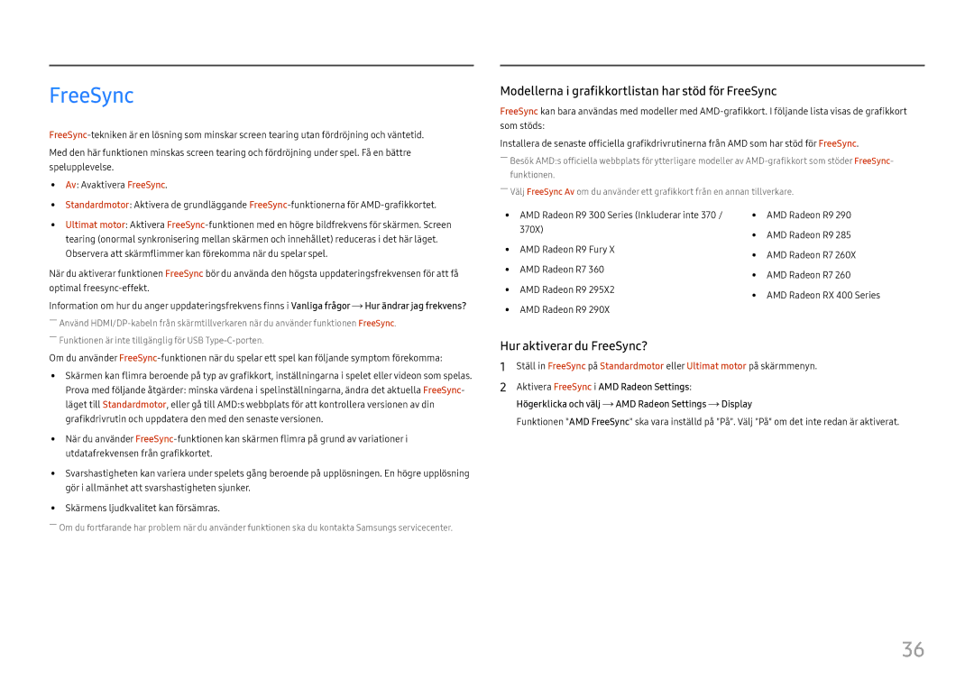 Samsung LC34H890WJUXEN, LC34H890WJUXXE manual Modellerna i grafikkortlistan har stöd för FreeSync 