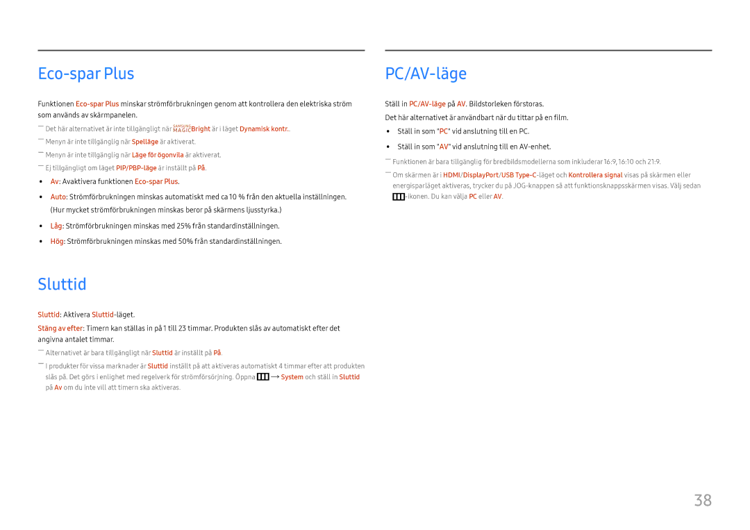 Samsung LC34H890WJUXEN, LC34H890WJUXXE manual Eco-spar Plus, Sluttid, PC/AV-läge 