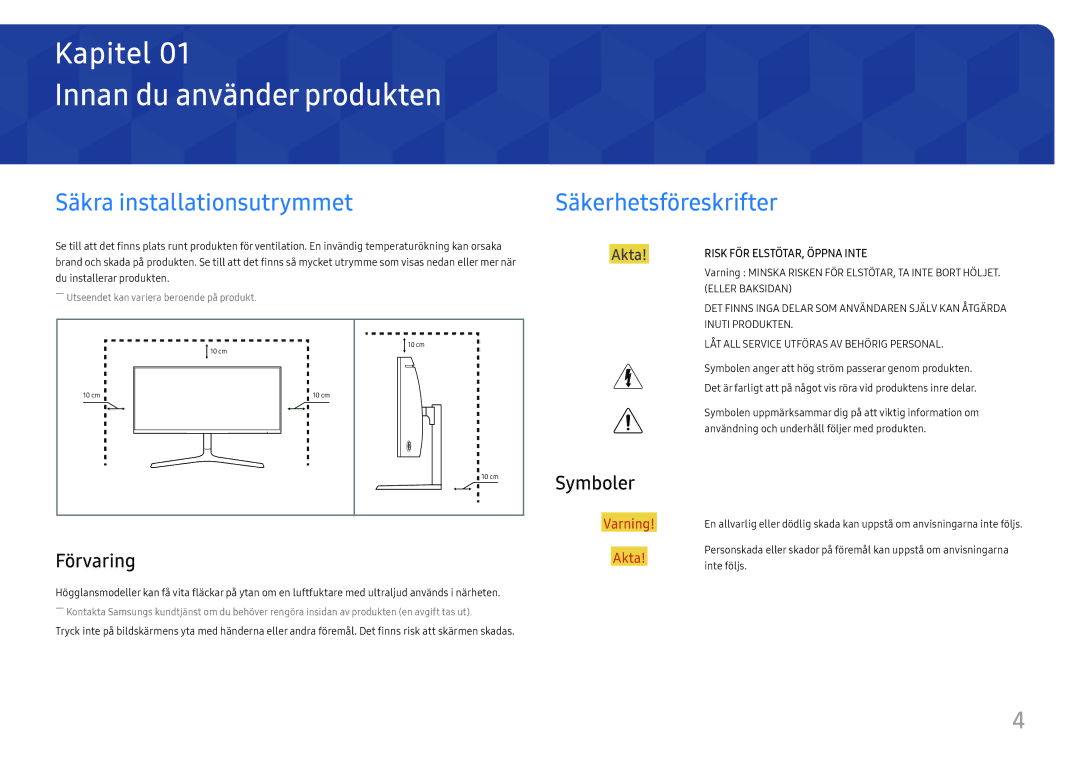 Samsung LC34H890WJUXEN manual Innan du använder produkten, Säkra installationsutrymmet, Säkerhetsföreskrifter, Förvaring 