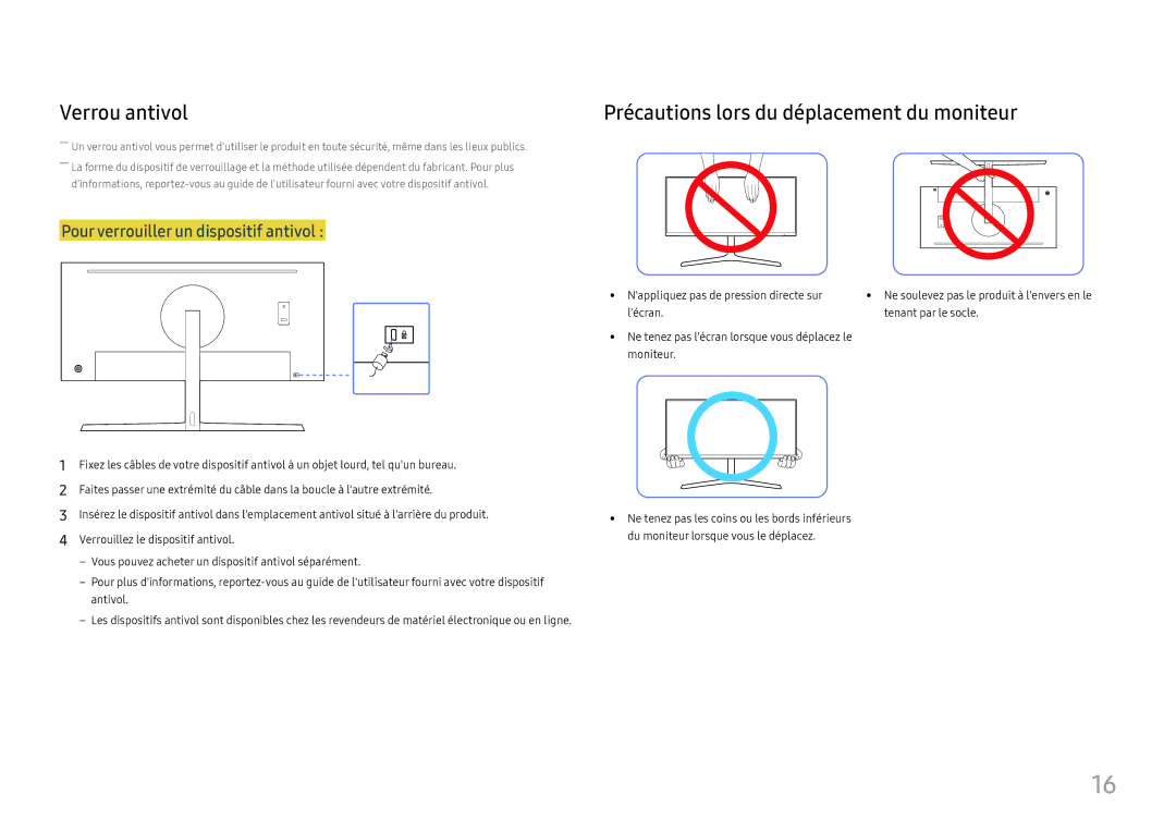 Samsung LC34H890WJUXEN manual Verrou antivol, Précautions lors du déplacement du moniteur 