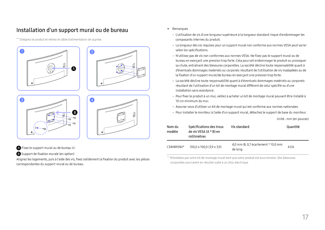 Samsung LC34H890WJUXEN manual Installation dun support mural ou de bureau 