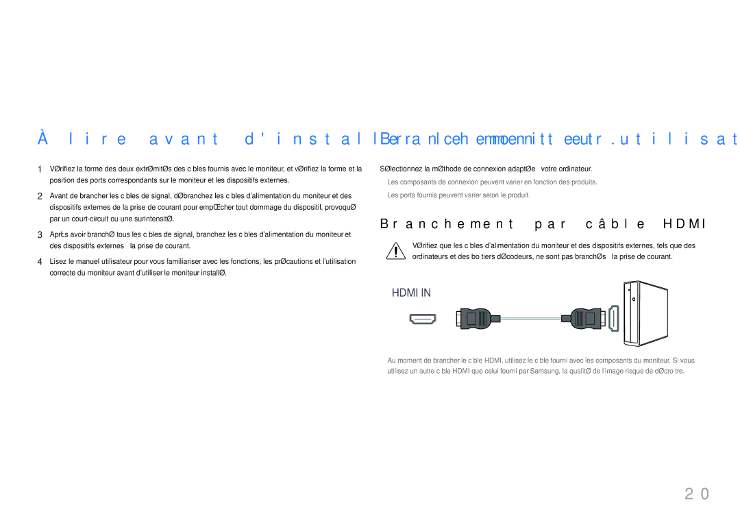 Samsung LC34H890WJUXEN manual Connexion et utilisation dun périphérique source, Lire avant dinstaller le moniteur 