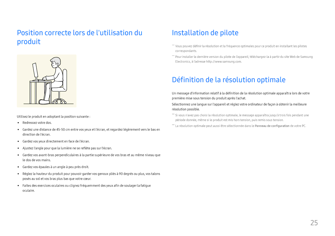 Samsung LC34H890WJUXEN manual Position correcte lors de lutilisation du produit, Installation de pilote 