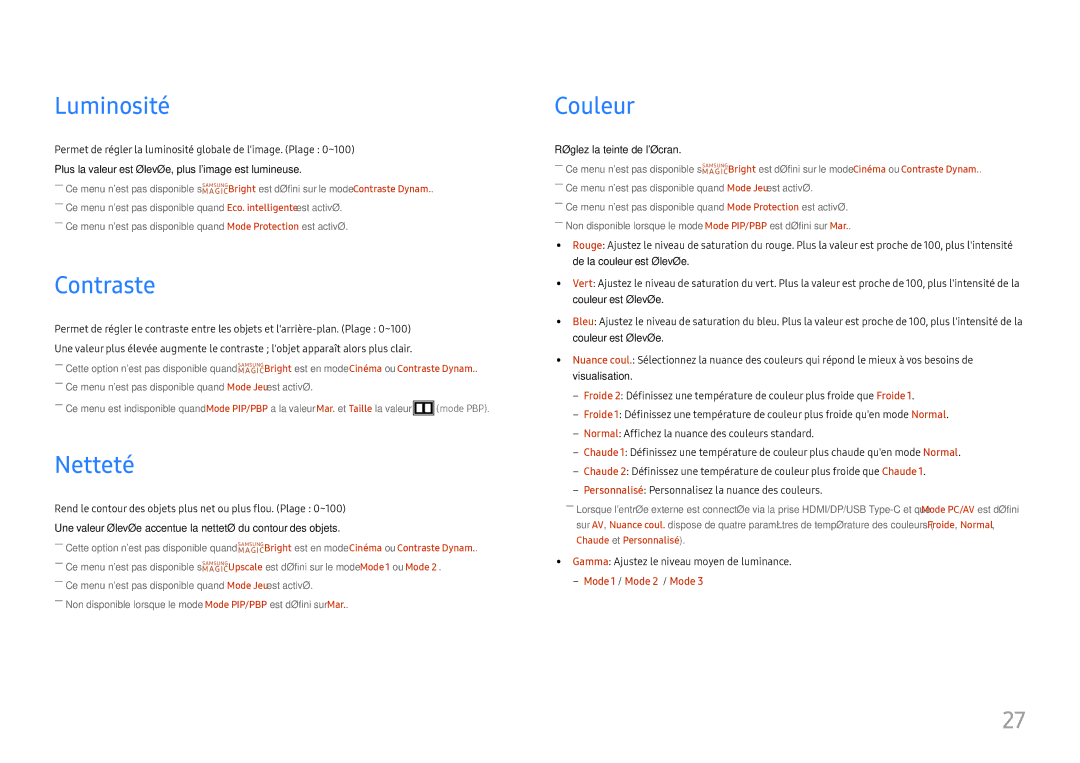 Samsung LC34H890WJUXEN manual Luminosité, Contraste, Netteté, Couleur 