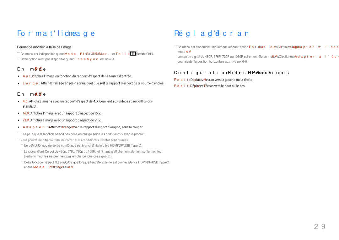 Samsung LC34H890WJUXEN manual Format de limage, Réglage de lécran 