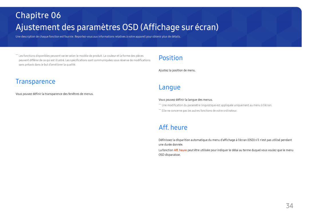 Samsung LC34H890WJUXEN manual Ajustement des paramètres OSD Affichage sur écran, Transparence, Langue, Aff. heure 